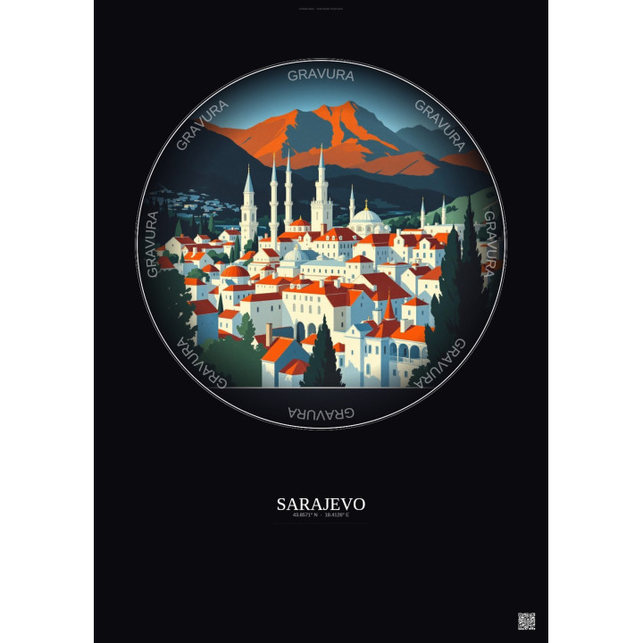 Affiche Sarajevo – Poster illustration vintage – Sarajevo | Gravura – Fond foncé