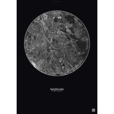 Affiche Warsaw – Poster vue satellite 10km N&B | Gravura – Fond foncé