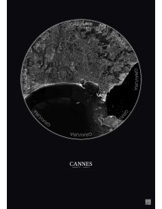 Affiche Cannes – Poster vue satellite 5km N&B | Gravura – Fond foncé