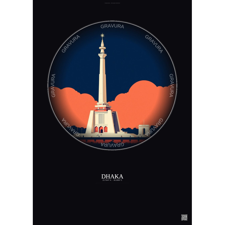 Affiche Dhaka – Poster illustration vintage – Shaheed Minar | Gravura – Fond foncé