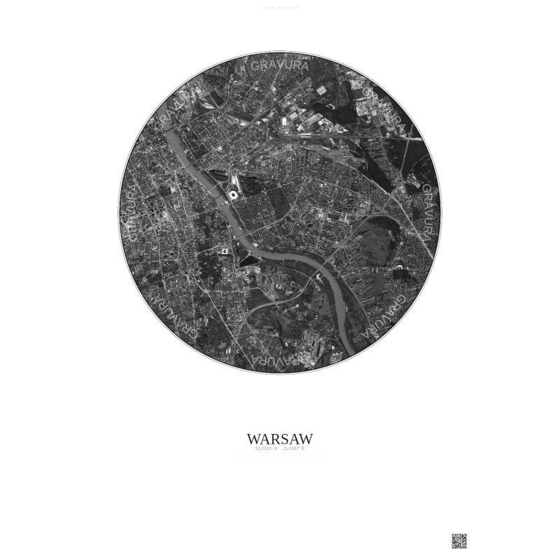 Affiche Warsaw – Poster vue satellite 6km N&B | Gravura – Fond clair