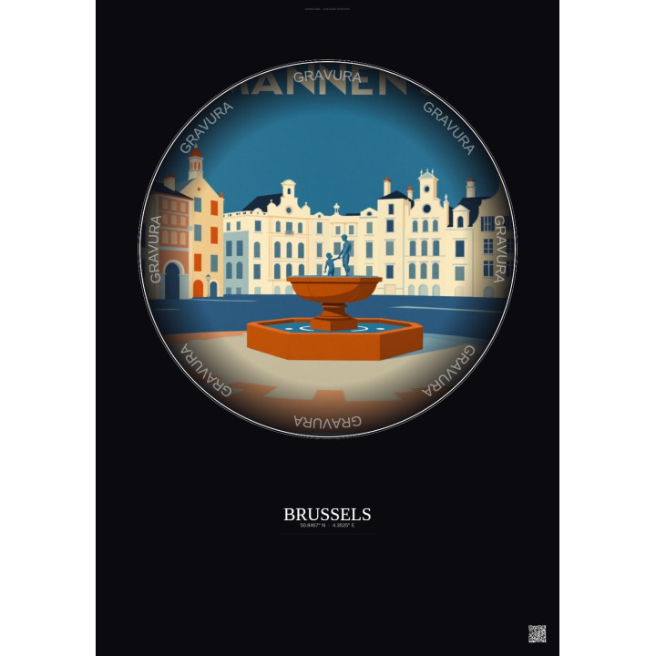 Affiche Brussels – Poster illustration vintage – Manneken Pis | Gravura – Fond foncé