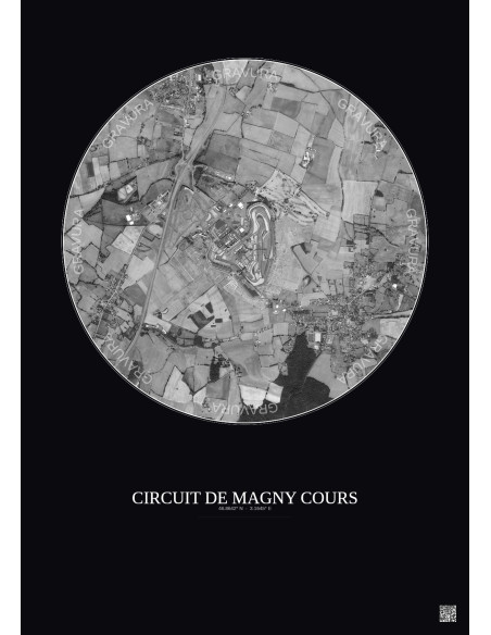 Affiche Circuit De Magny Cours – Poster vue satellite 2.5km N&B | Gravura – Fond foncé