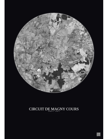 Affiche Circuit De Magny Cours – Poster vue satellite 5km N&B | Gravura – Fond foncé