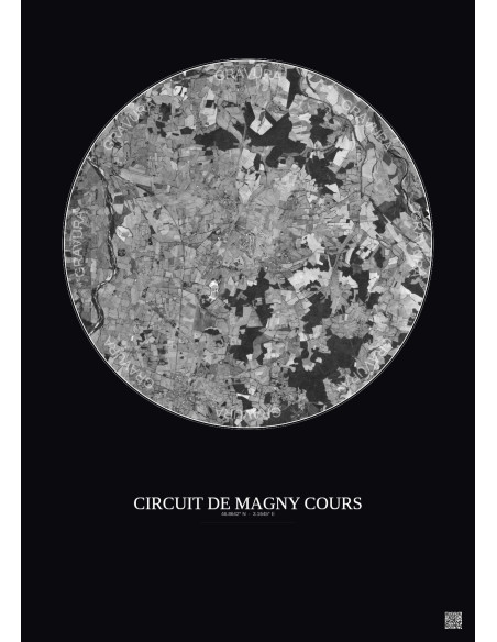 Circuit De Magny Cours Satellite View Poster 10km B&W | Gravura – Dark background