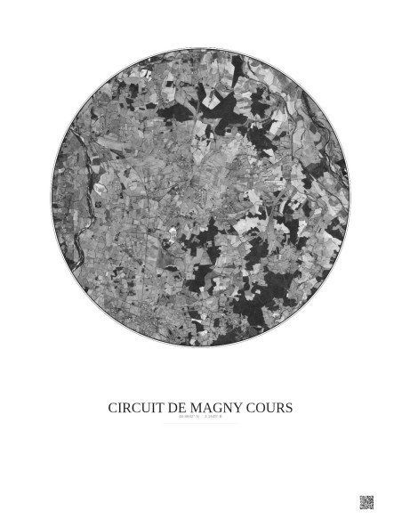 Affiche Circuit De Magny Cours – Poster vue satellite 10km N&B | Gravura – Fond clair