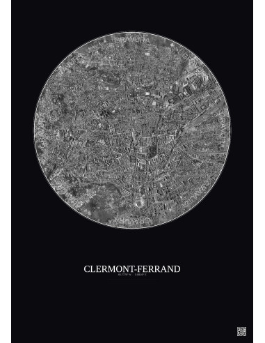 Affiche Clermont Ferrand – Poster vue satellite 2.5km N&B | Gravura – Fond foncé