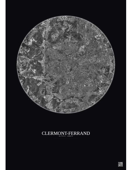 Affiche Clermont Ferrand – Poster vue satellite 5km N&B | Gravura – Fond foncé