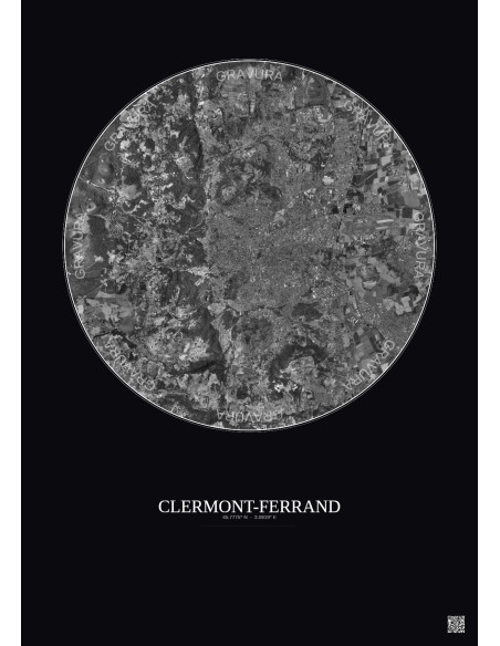 Clermont Ferrand Satellite View Poster 10km B&W | Gravura – Dark background