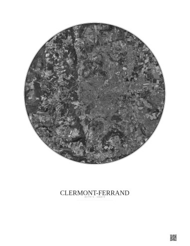 Affiche Clermont Ferrand – Poster vue satellite 10km N&B | Gravura – Fond clair