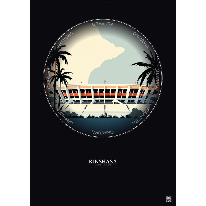 Affiche Kinshasa – Poster illustration vintage – Martyrs Stadium | Gravura – Fond foncé