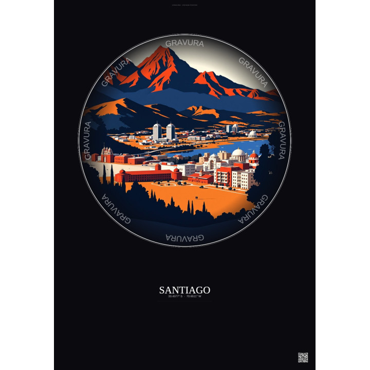 Affiche Santiago – Poster illustration vintage – Santiago | Gravura – Fond foncé