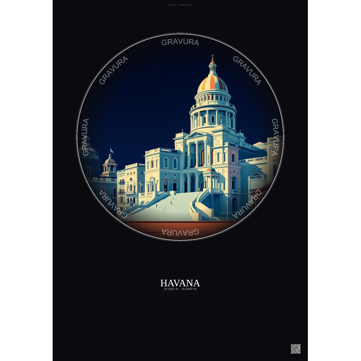 Affiche Havana – Poster illustration vintage – El Capitolio | Gravura – Fond foncé
