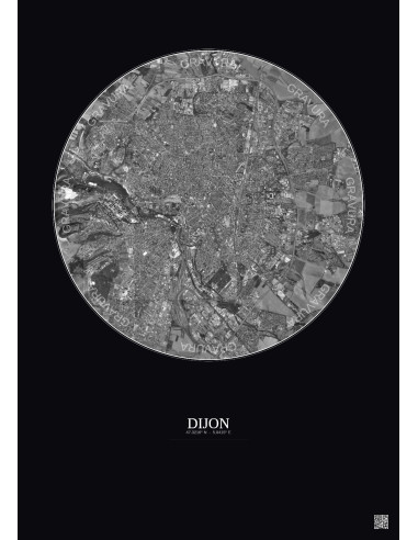 Dijon Satellite View Poster 5km B&W | Gravura – Dark background