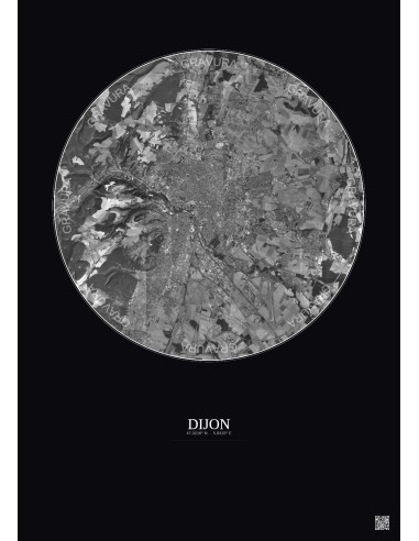 Dijon Satellite View Poster 10km B&W | Gravura – Dark background