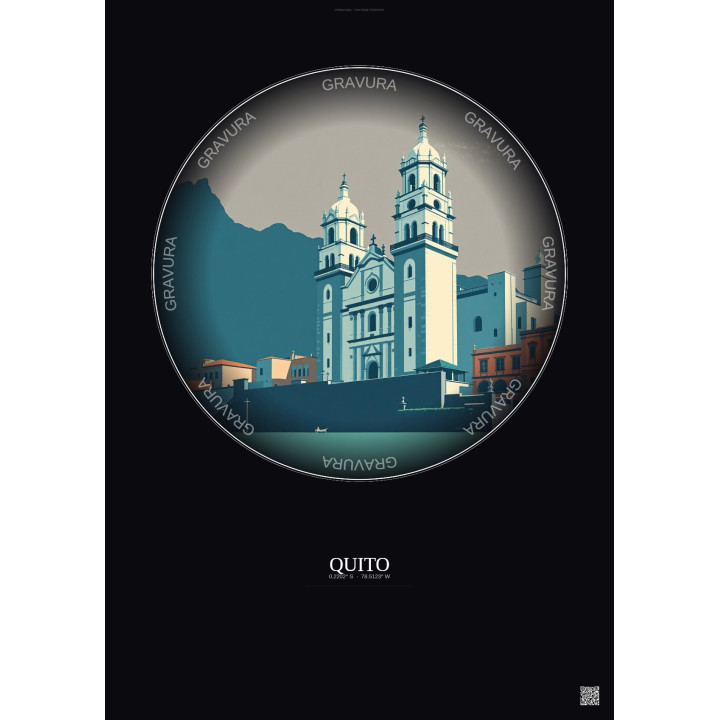 Affiche Quito – Poster illustration vintage – Cathedral Of Quito | Gravura – Fond foncé