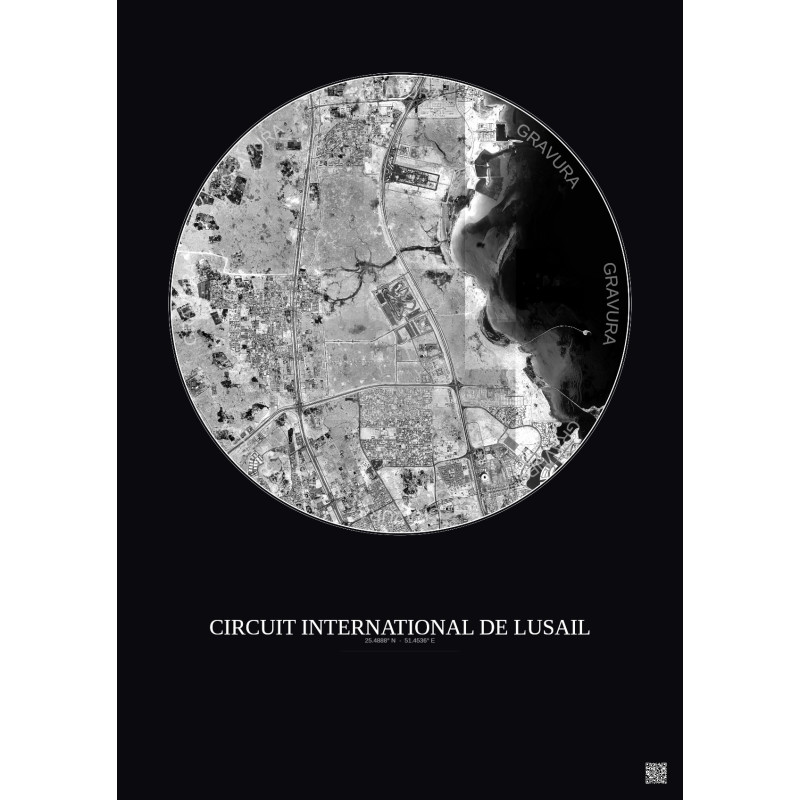 Affiche Circuit International De Lusail – Poster vue satellite 10km N&B | Gravura – Fond foncé