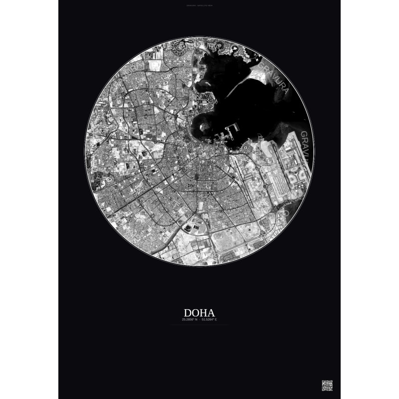Affiche Doha – Poster vue satellite 10km N&B | Gravura – Fond foncé