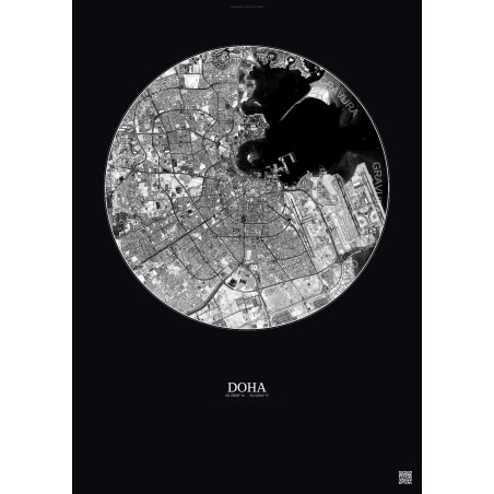 Affiche Doha – Poster vue satellite 10km N&B | Gravura – Fond foncé