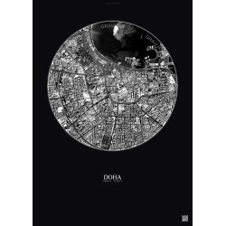 Affiche Doha – Poster vue satellite 2.5km N&B | Gravura – Fond foncé