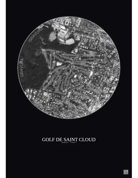 Affiche Golf De Saint Cloud – Poster vue satellite 1km N&B | Gravura – Fond foncé