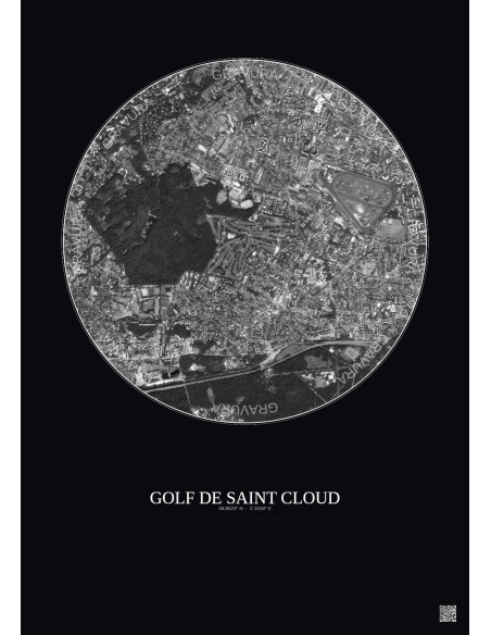 Golf De Saint Cloud Satellite View Poster 2.5km B&W | Gravura – Dark background
