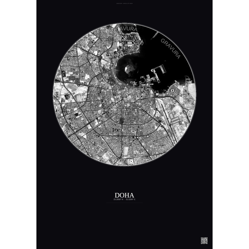 Affiche Doha – Poster vue satellite 6km N&B | Gravura – Fond foncé