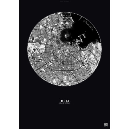 Affiche Doha – Poster vue satellite 6km N&B | Gravura – Fond foncé
