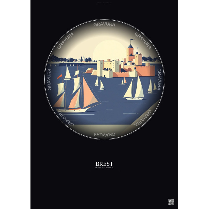 Affiche Brest – Poster illustration vintage – Brest | Gravura – Fond foncé