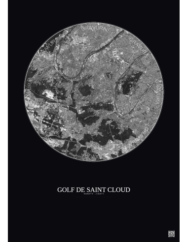 Affiche Golf De Saint Cloud – Poster vue satellite 10km N&B | Gravura – Fond foncé