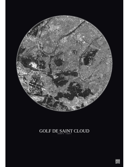 Affiche Golf De Saint Cloud – Poster vue satellite 10km N&B | Gravura – Fond foncé
