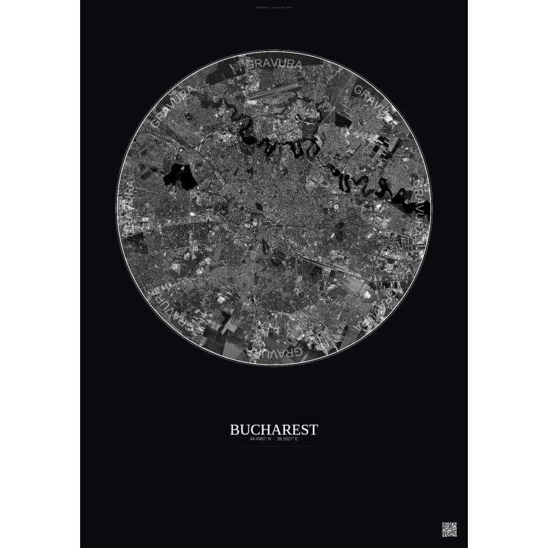 Affiche Bucharest – Poster vue satellite 10km N&B | Gravura – Fond foncé