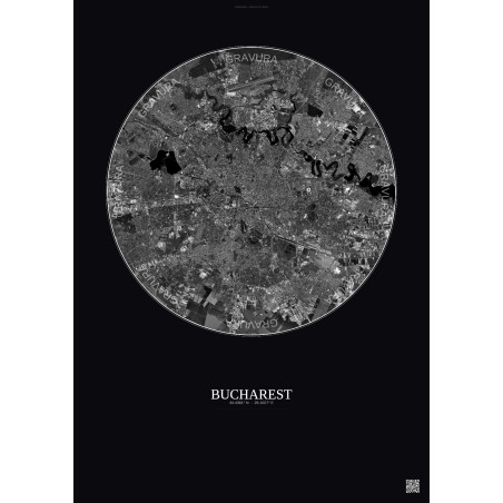 Affiche Bucharest – Poster vue satellite 10km N&B | Gravura – Fond foncé