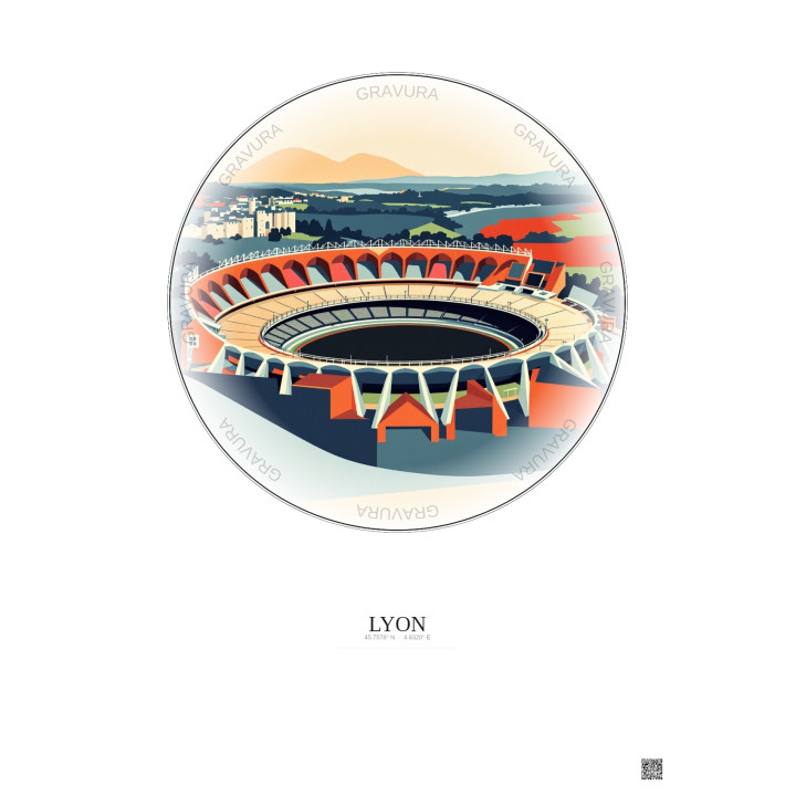 Affiche Lyon – Poster illustration vintage – Stade De Gerland | Gravura – Fond clair
