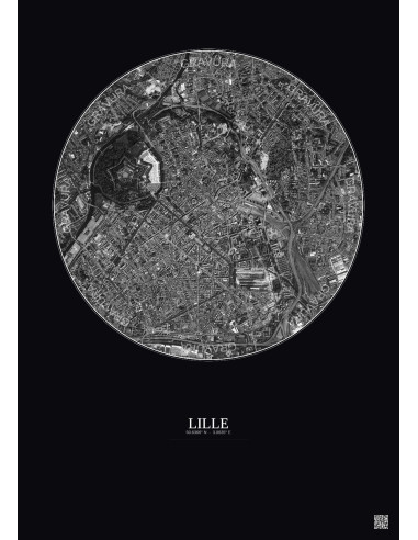 Lille Satellite View Poster 2.5km B&W | Gravura – Dark background