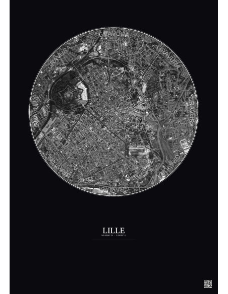 Lille Satellite View Poster 2.5km B&W | Gravura – Dark background