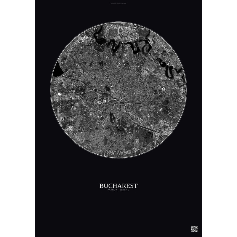 Affiche Bucharest – Poster vue satellite 6km N&B | Gravura – Fond foncé