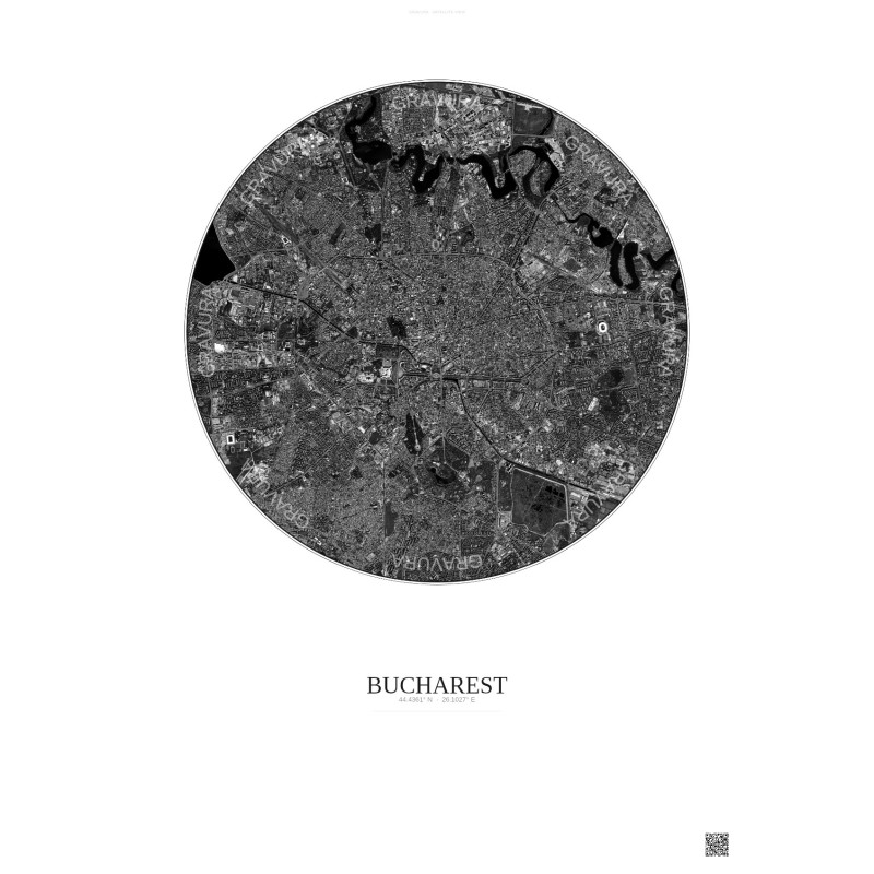 Affiche Bucharest – Poster vue satellite 6km N&B | Gravura – Fond clair