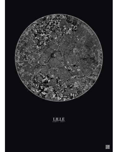 Affiche Lille – Poster vue satellite 10km N&B | Gravura – Fond foncé