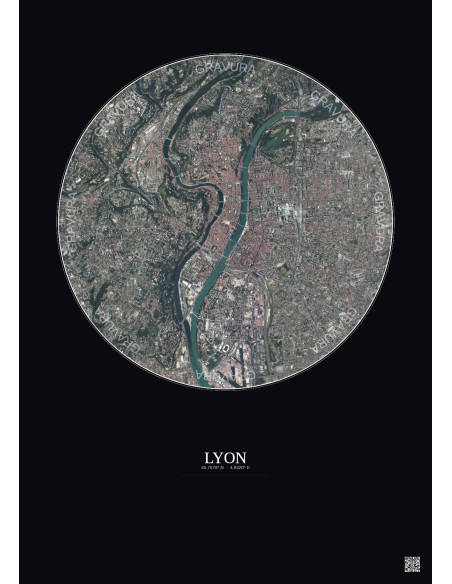 Lyon Satellite View Poster 5km Color | Gravura – Dark background