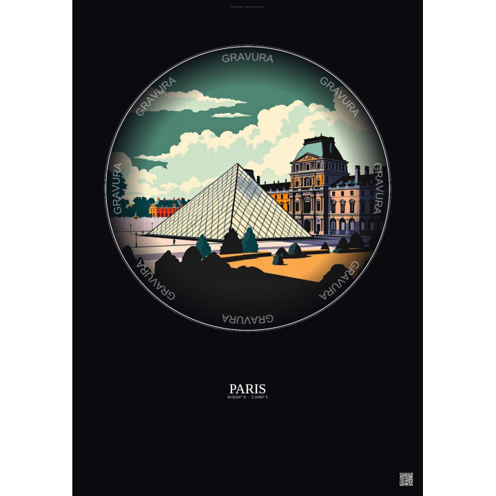 Affiche Paris – Poster illustration vintage – Louvre Museum | Gravura – Fond foncé