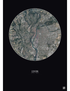 Lyon Satellite View Poster 10km Color | Gravura – Dark background