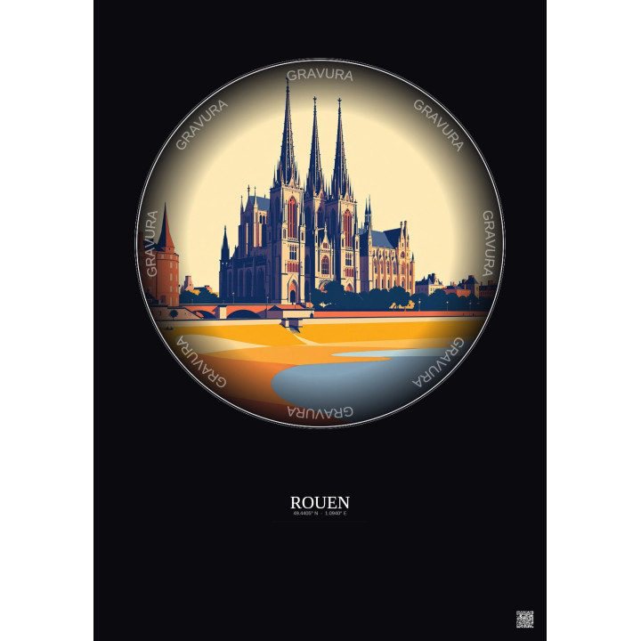 Affiche Rouen – Poster illustration vintage – Rouen | Gravura – Fond foncé