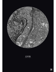 Lyon Satellite View Poster 2.5km B&W | Gravura – Dark background