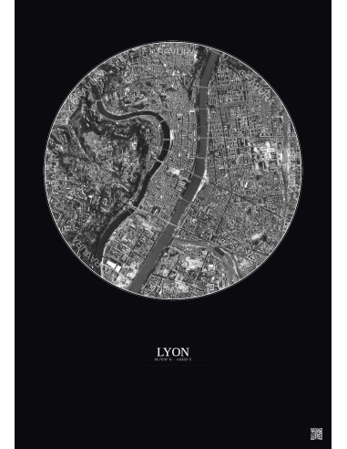 Lyon Satellite View Poster 2.5km B&W | Gravura – Dark background