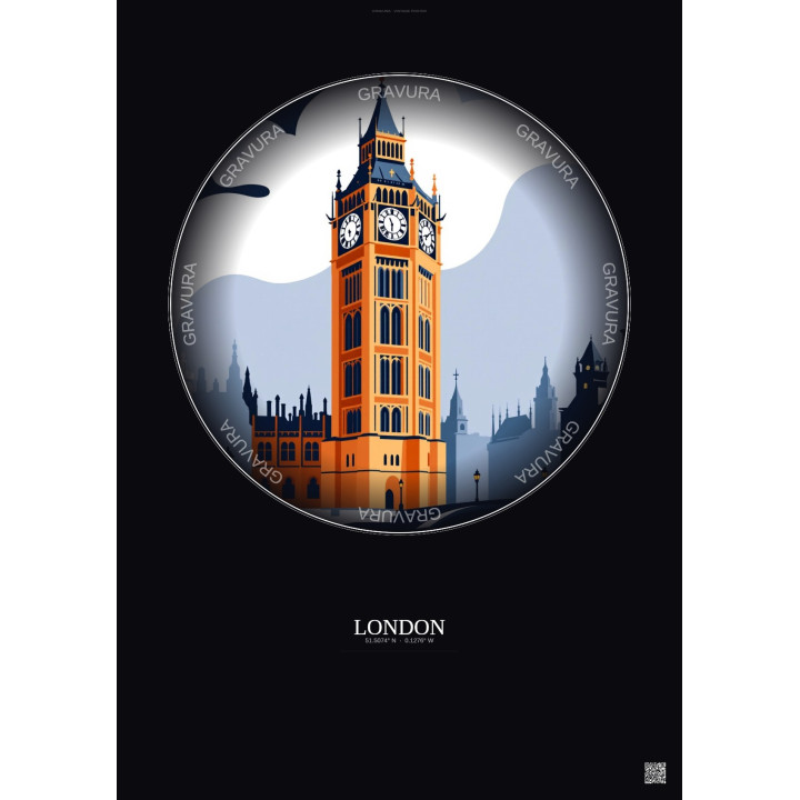 Affiche London – Poster illustration vintage – Big Ben | Gravura – Fond foncé