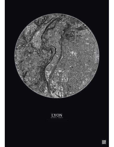 Affiche Lyon – Poster vue satellite 5km N&B | Gravura – Fond foncé