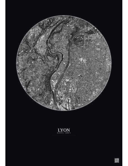 Affiche Lyon – Poster vue satellite 5km N&B | Gravura – Fond foncé