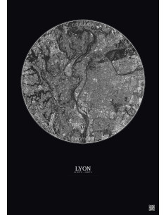 Lyon Satellite View Poster 10km B&W | Gravura – Dark background