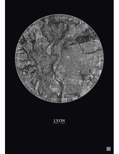 Lyon Satellite View Poster 10km B&W | Gravura – Dark background